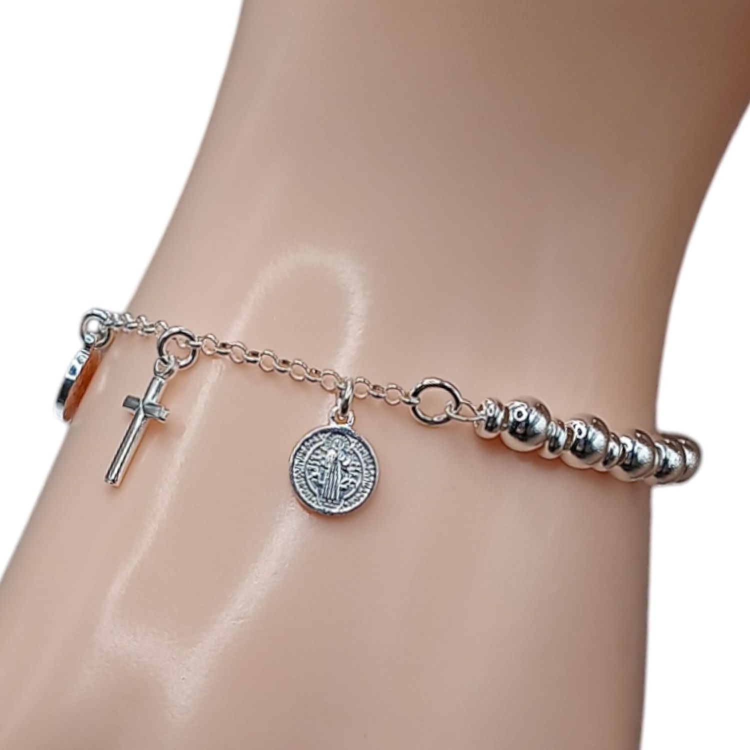 Pulsera  San Benito con Cruz mide 7&quot; PLATA .925