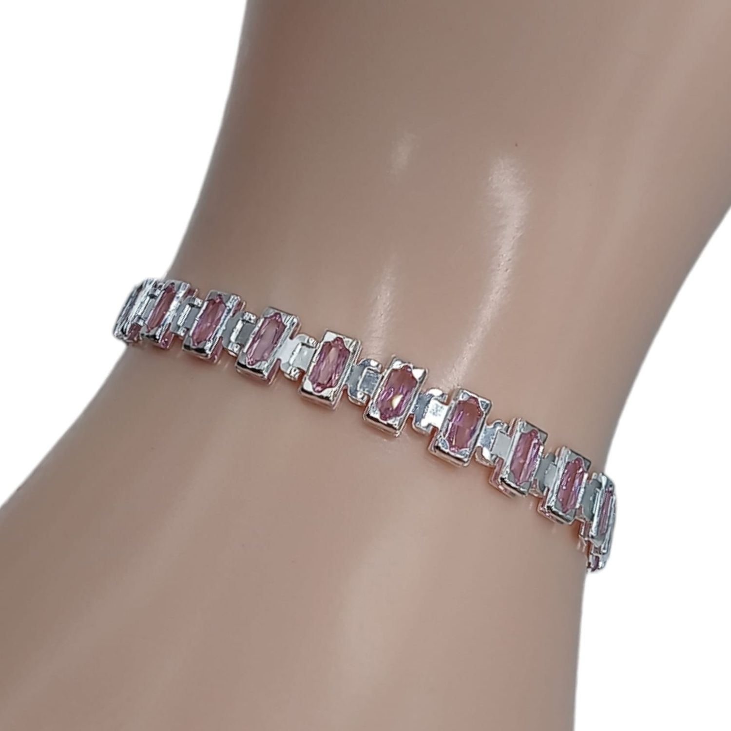PULSERA DE PLATA CON CZ CUADRADA ROSA 8&quot; PLATA .925