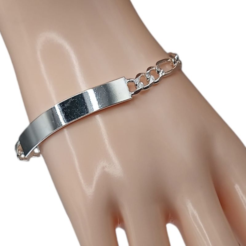 Pulsera estilo figaro con placa 7.5&quot; 6mm PLATA .925