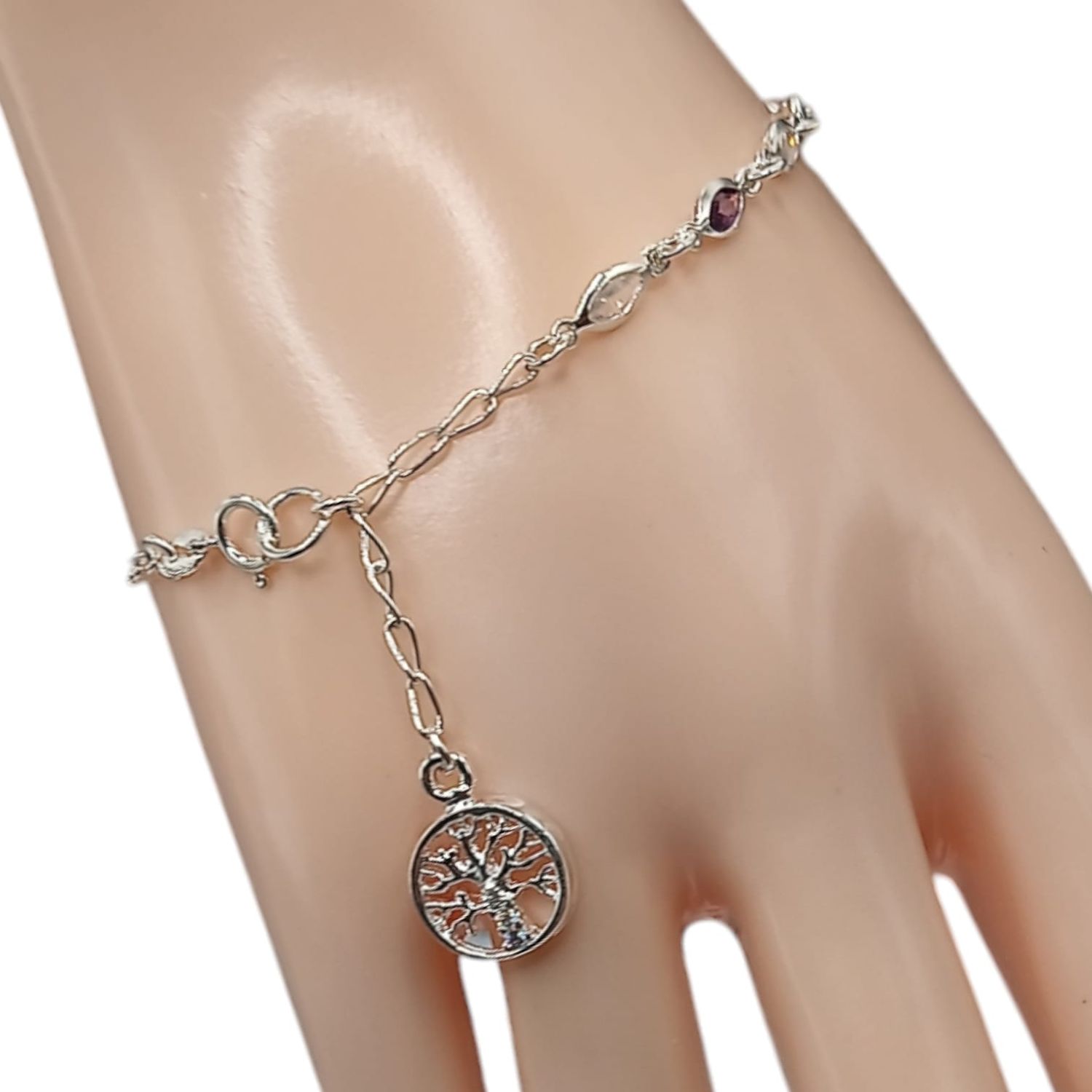 PULSERA CZ LILA Y ARBOL DE LA VIDA 7.&quot; PLATA .925