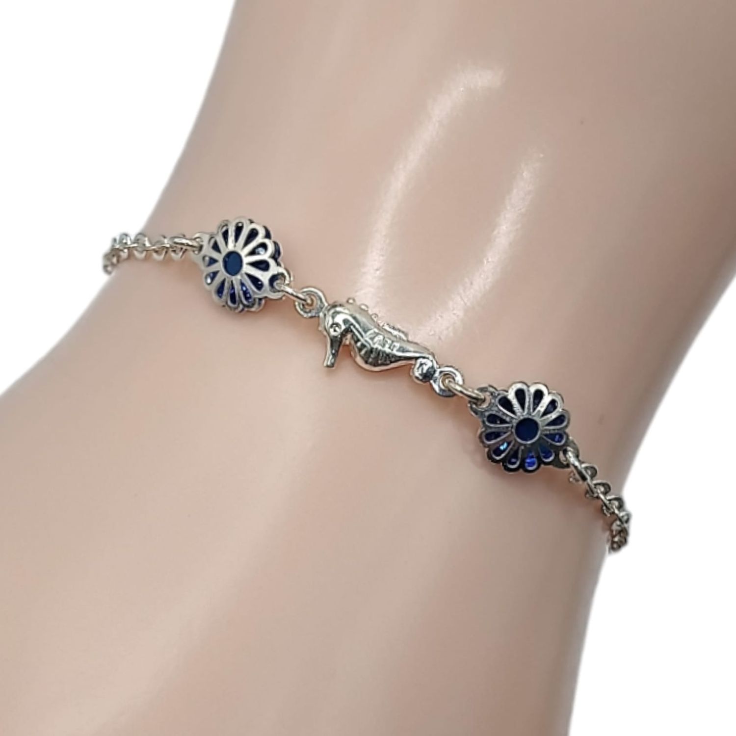 PULSERA CABALLITO DE MAR CON CZ AZUL 8&quot; PLATA .925