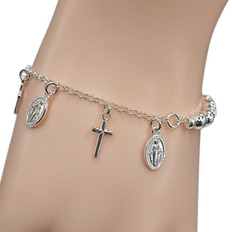PULSERA MEDALLA MILAGROSA Y CRUZ AJUSTABLE  7&quot; a 8&quot; PLATA .925