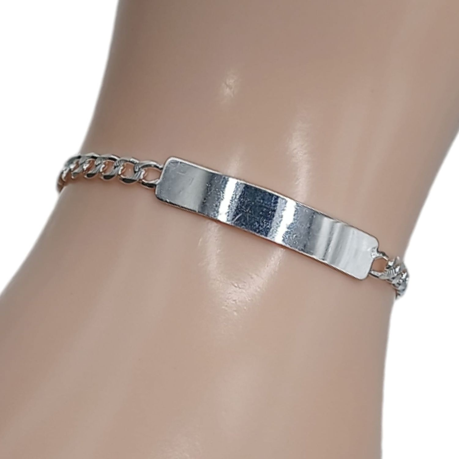 PULSERA P/ NIÑO CUBANA DIAMANTADA CON PLACA 5&quot; 6MM ANCHO DE PLACA PLATA .925