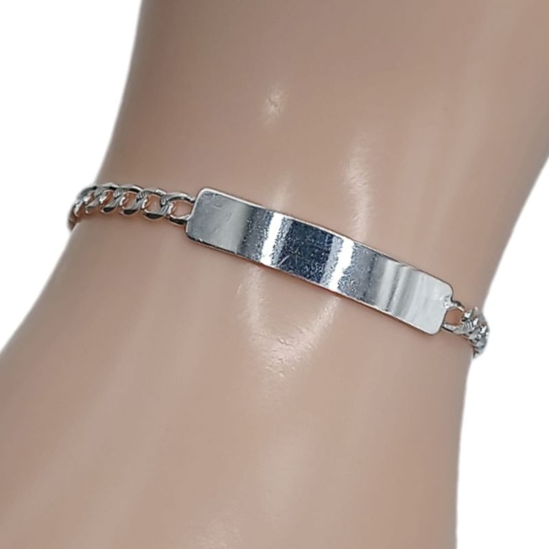 PULSERA P/ NIÑO CUBANA DIAMANTADA CON PLACA 5&quot; 6MM ANCHO DE PLACA PLATA .925