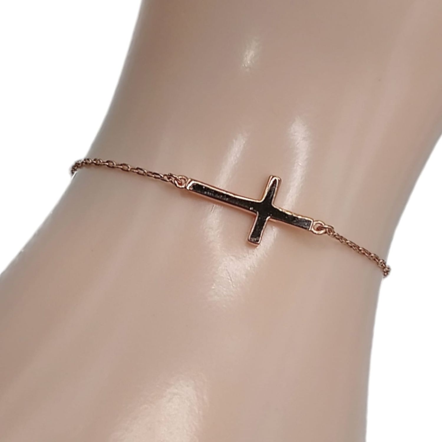 PULSERA ROSA CON CRUZ 6.5&quot; PLATA .925