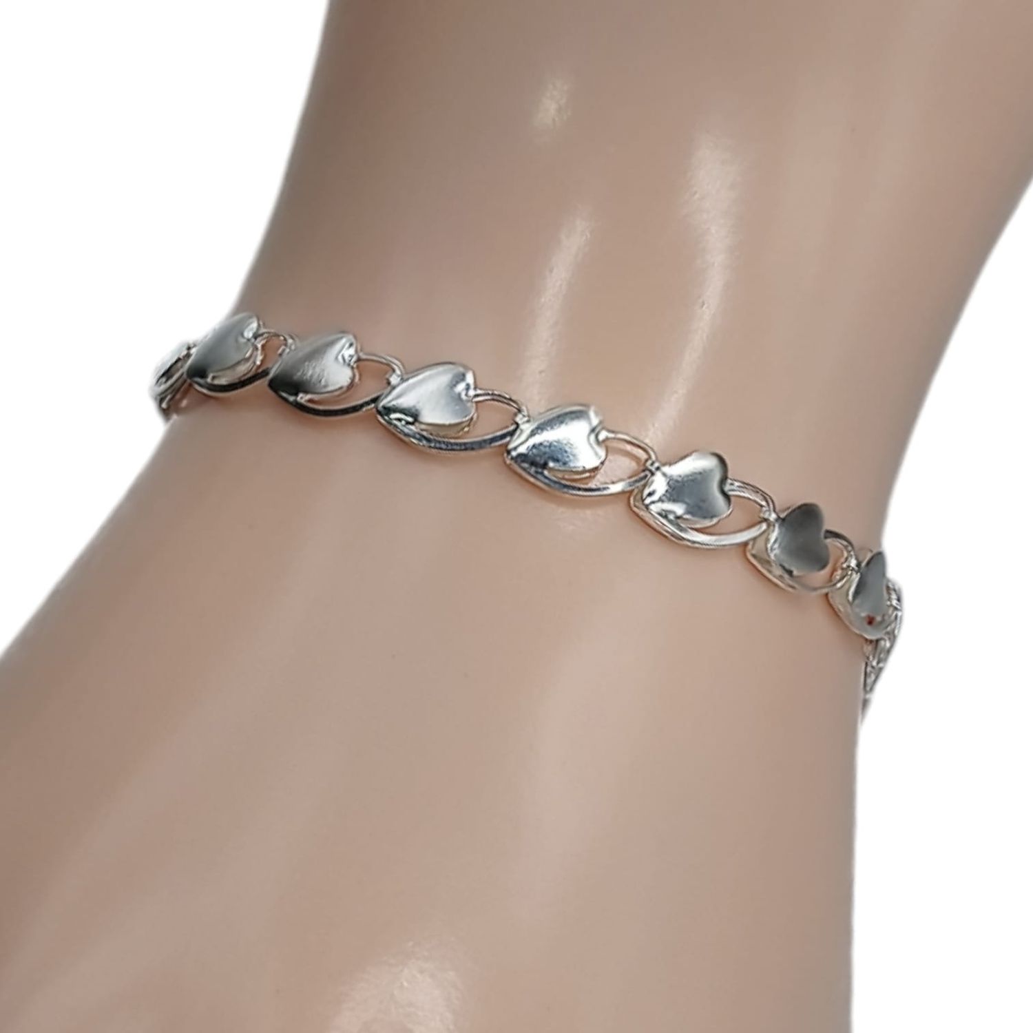 PULSERA FANCY CORAZONES  7&quot; 6MM PLATA .925
