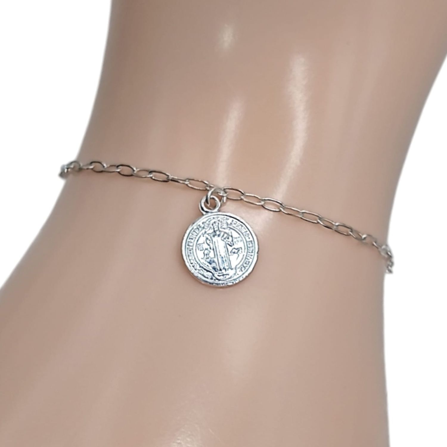 PULSERA MEDALLAS SAN BENITO 7&quot; PLATA .925