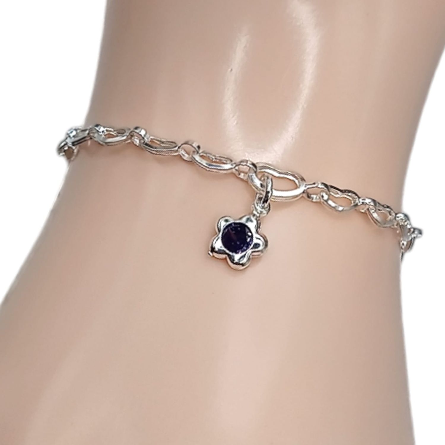 PULSERA FANCY FLOR LILA 8&quot; PLATA .925