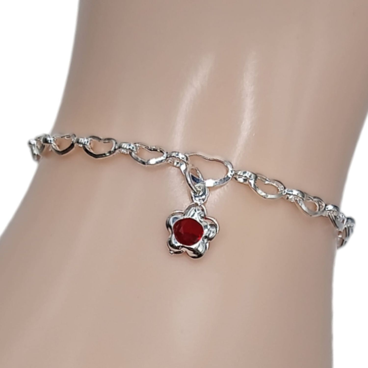 PULSERA FANCY FLOR ROJA 8&quot; PLATA .925