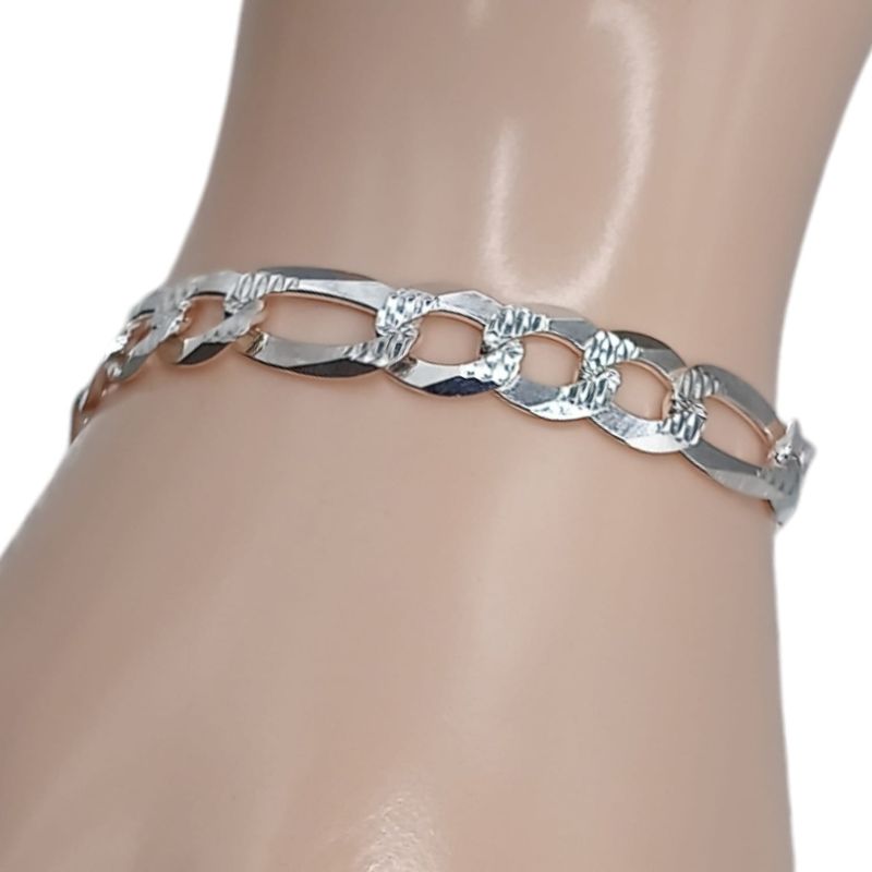 PULSERA FIGARO DIAMANTADA LARGO 9&quot; ANCHO 8mm PLATA .925