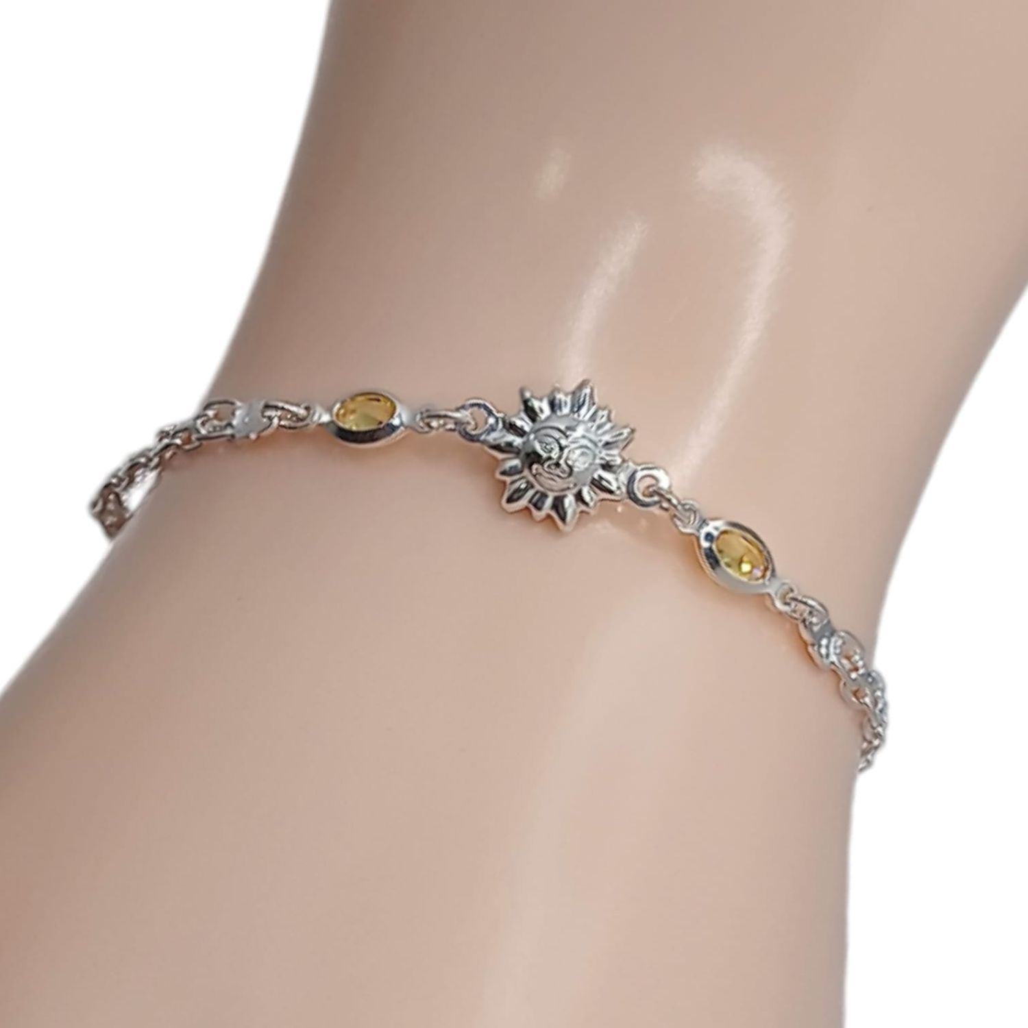 PULSERA CON SOL Y CZ AMBAR 7&quot; PLATA .925