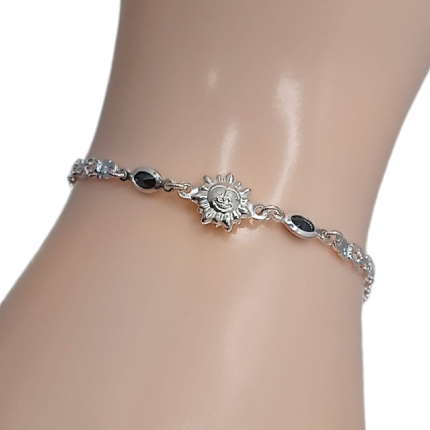 PULSERA CON SOL Y CZ NEGRA 7.5&quot; PLATA .925