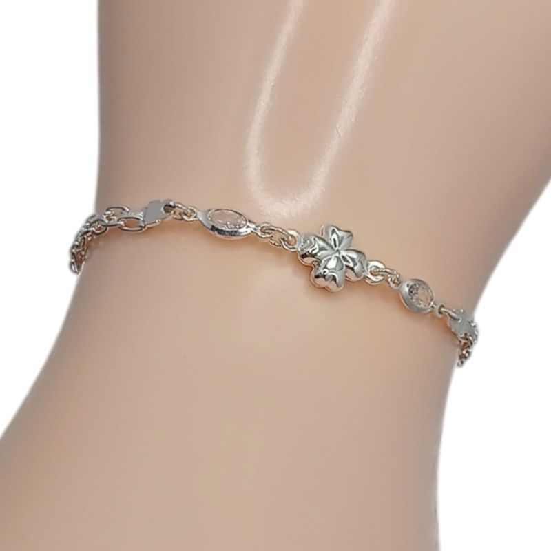 PULSERA CON TREBOL DE LA SUERTE Y CZ BLANCA 7&quot; PLATA .925