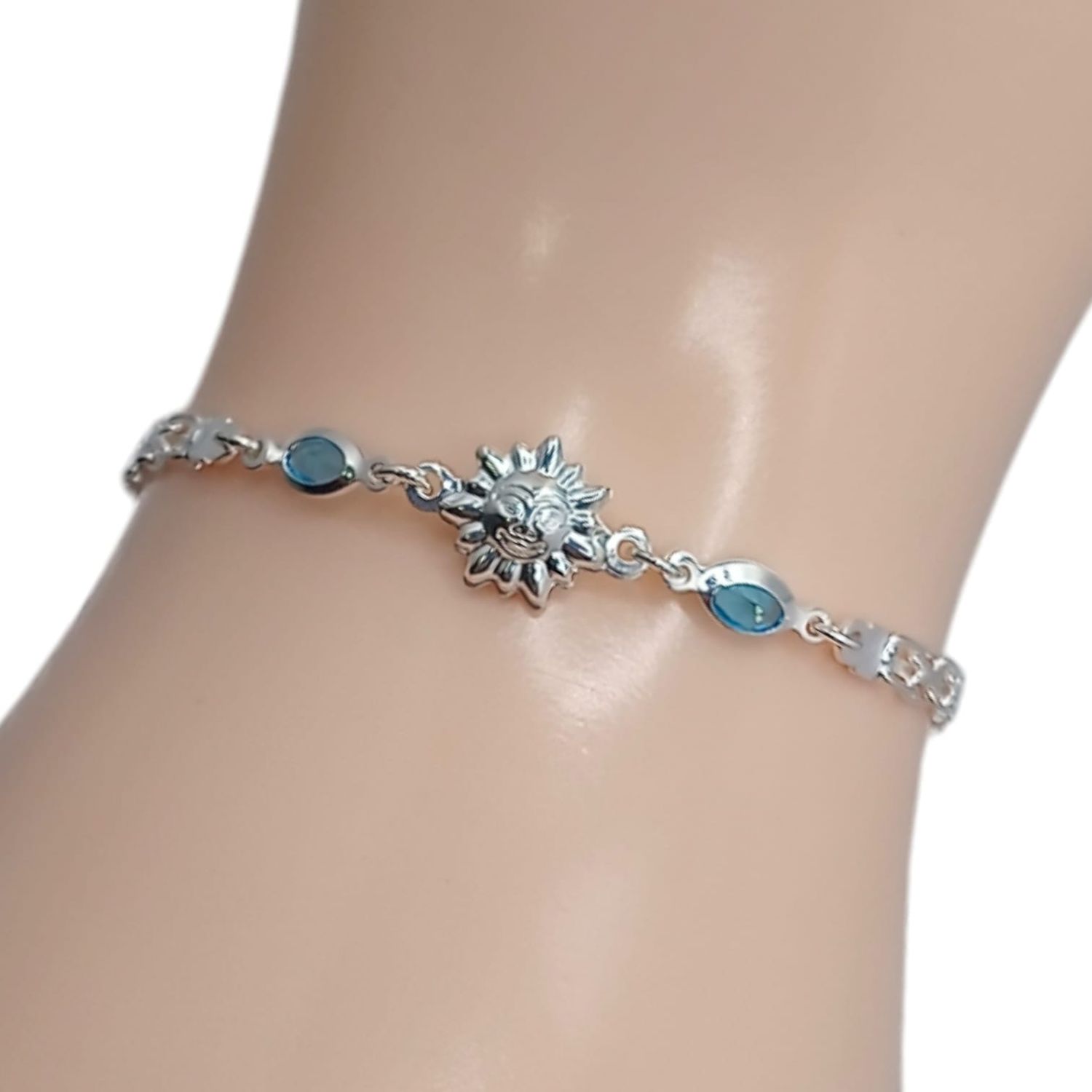 PULSERA CON SOL Y CZ  COLOR TURQUEZA 7.5 &quot; PLATA .925