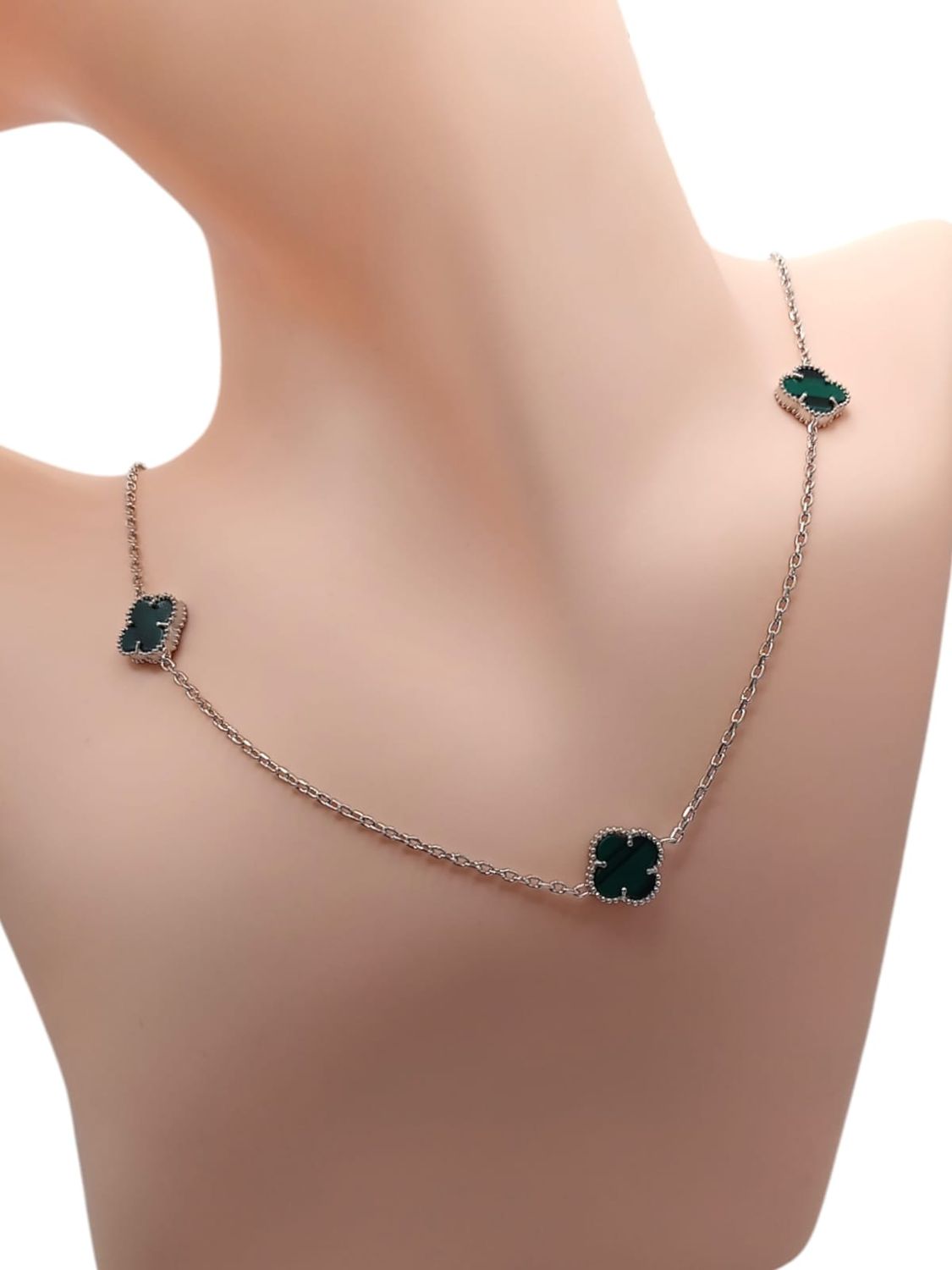 GARGANTILLA TREBOL VERDE 20&quot; AJUSTABLE PLATA .925