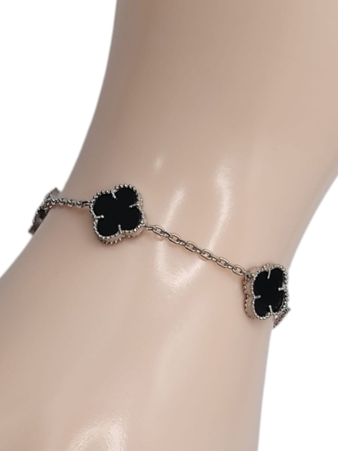 PULSERA TREBOL NEGRO 8&quot; AJUSTABLE PLATA .925