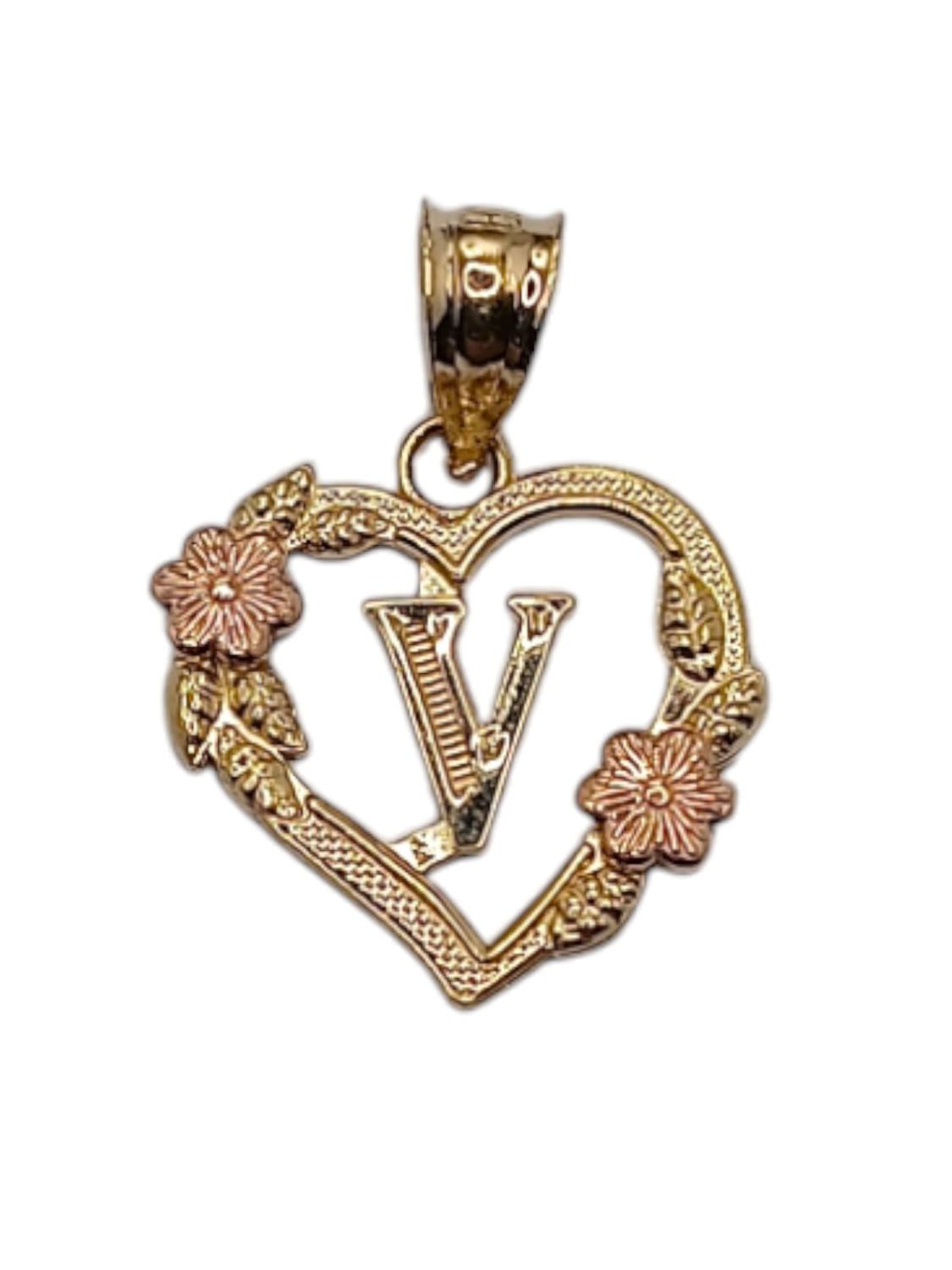 DIJE CORAZON CON LETRA V 1.5 CM ORO 14K
