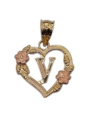 DIJE CORAZON CON LETRA V 1.5 CM ORO 14K