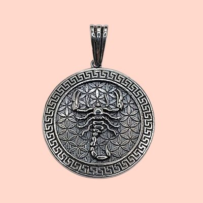 DIJE CIRCULO CON ALACRAN 4 CM LARGO TOTAL PLATA .925