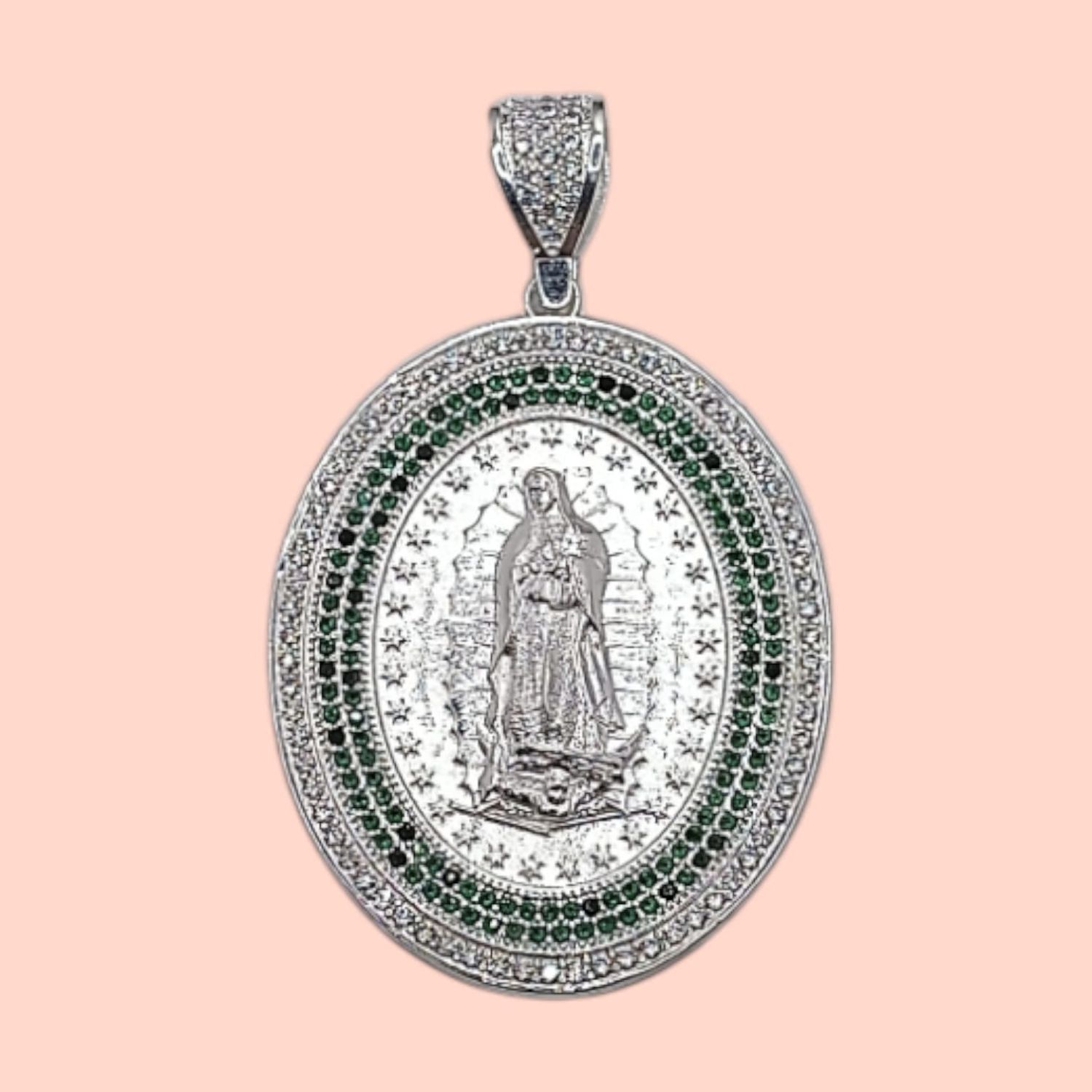 Medalla micropabe con cz Blanco y verde . 6 CM LARGO TOTAL PLATA .925