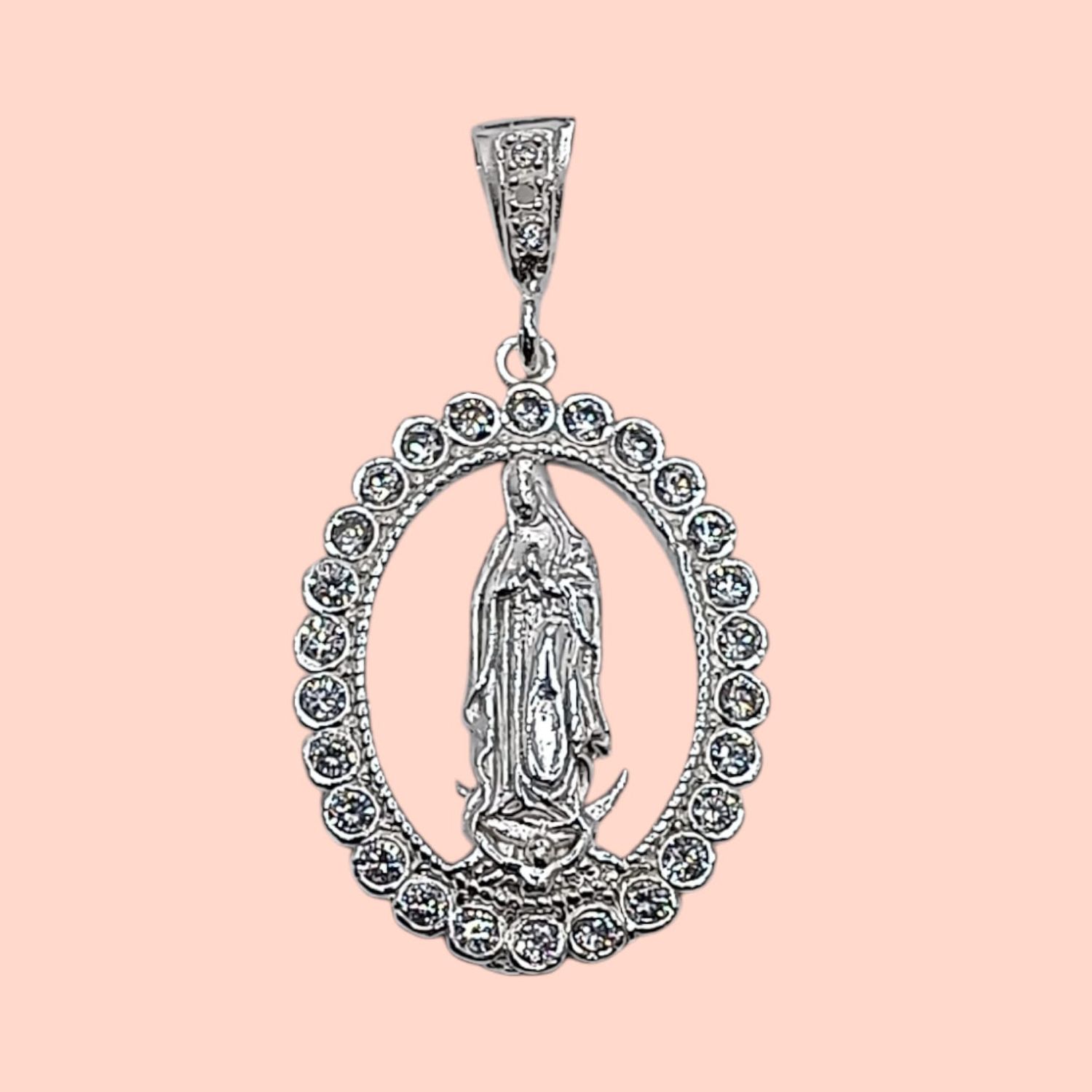 DIJE VIRGEN DE GUADALUPE CZ BLANCA 4.5 CM LARGO TOTAL PLATA .925