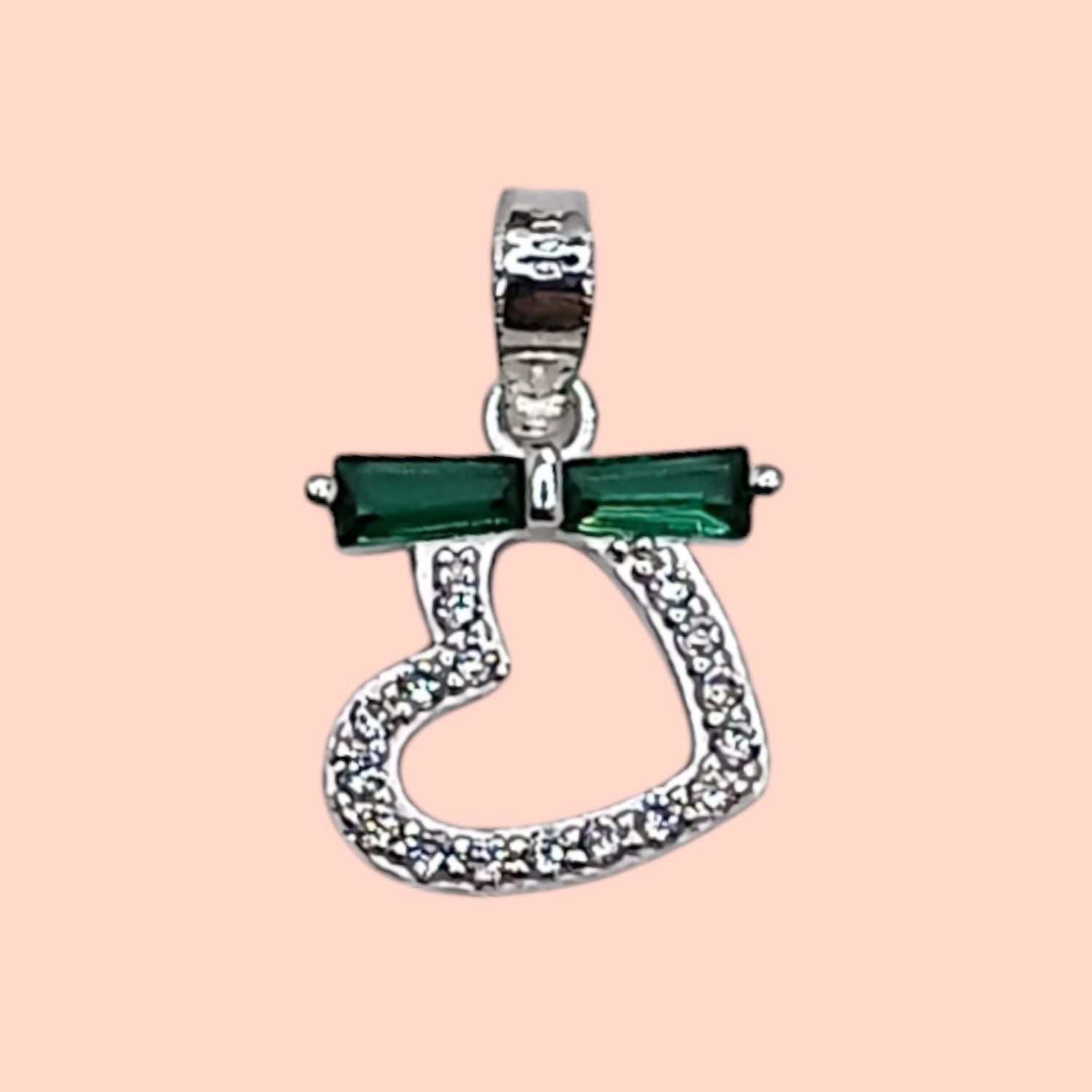 DIJE DE CORAZON CON CZ VERDE 2CM PLATA .925