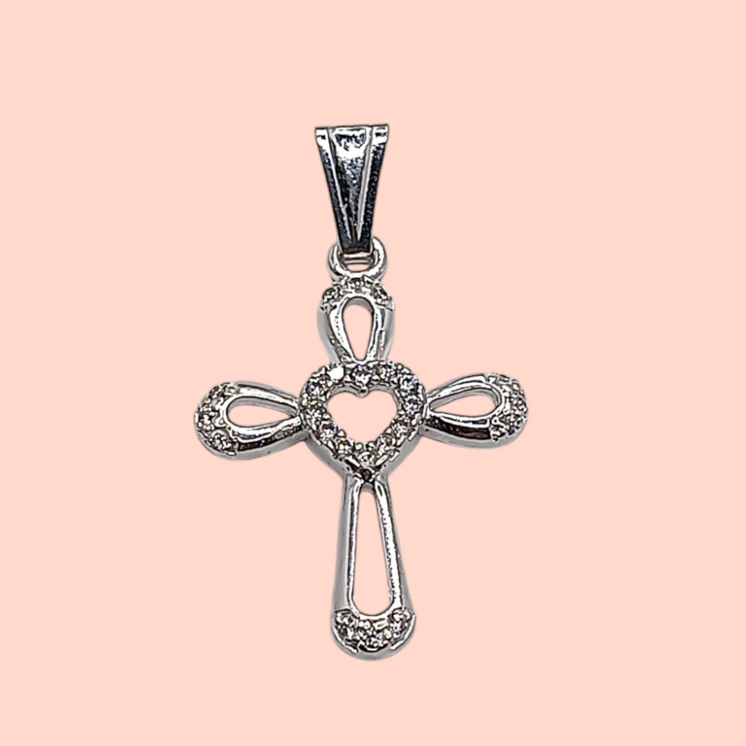 Dije Cruz Corazón CZ BLANCA 3.5 CM LARGO TOTAL PLATA .925