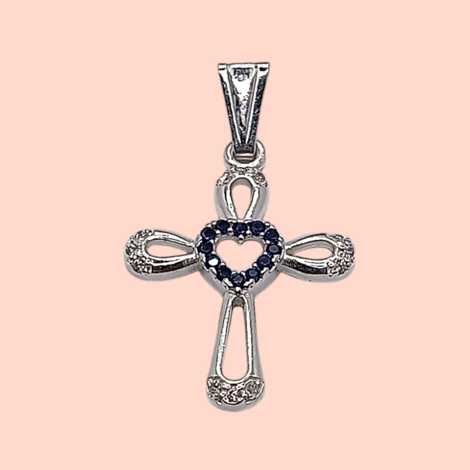 Dije Cruz Corazón CZ AZUL N 3.5 CM LARGO TOTAL PLATA .925