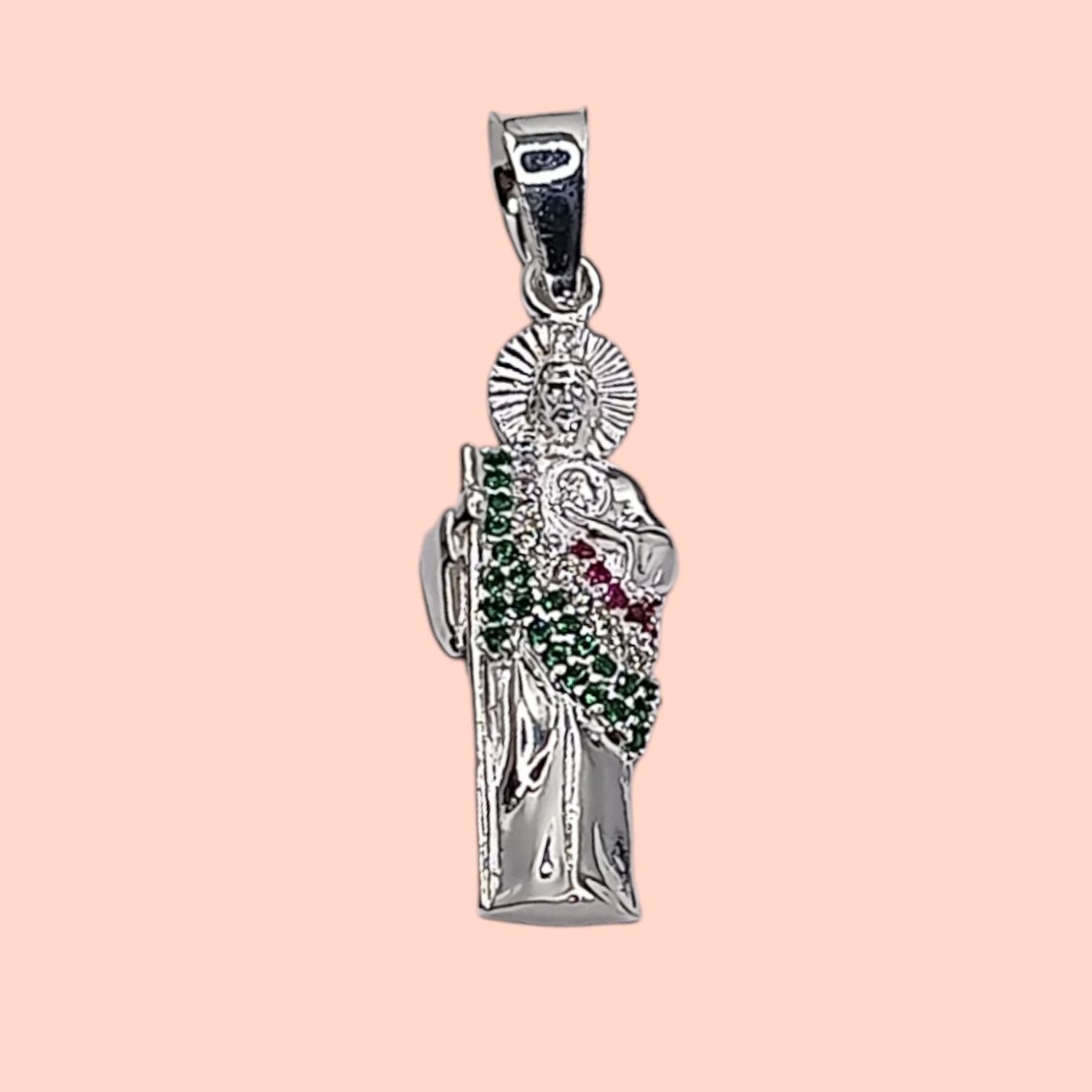 DIJE SAN JUDAS T CZ VERDE Y ROJA 3.5 CM PLATA .925