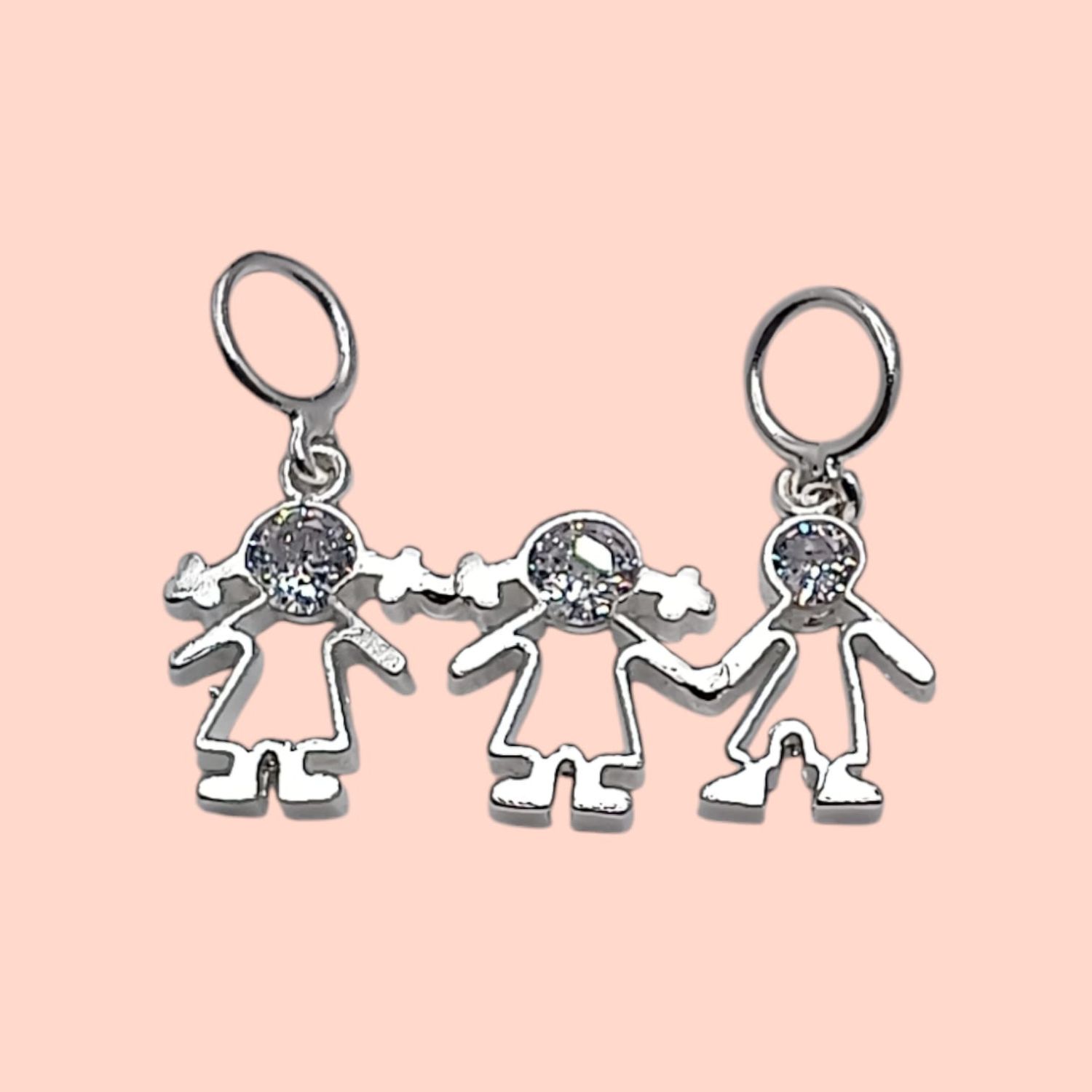Dije dos Niñas con un Niño circonia blanca, 2 cm. de largo PLATA .925