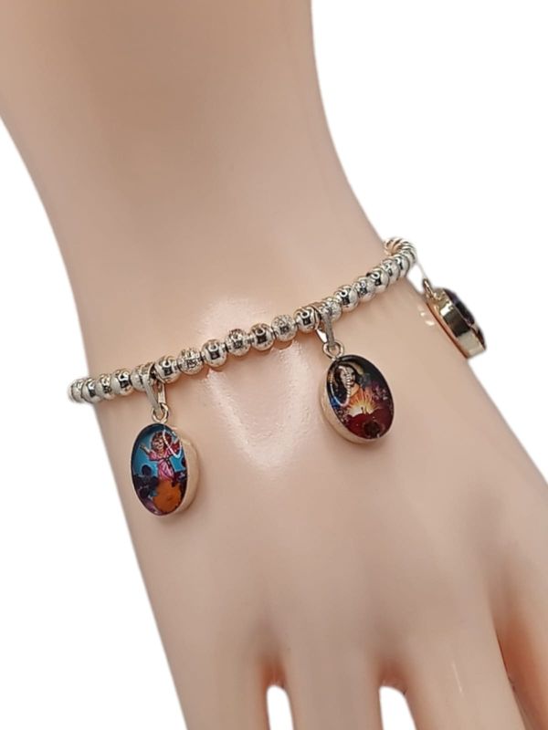PULSERA BOLITAS CON 3 MEDALLAS 6.5&quot; PLATA .925
