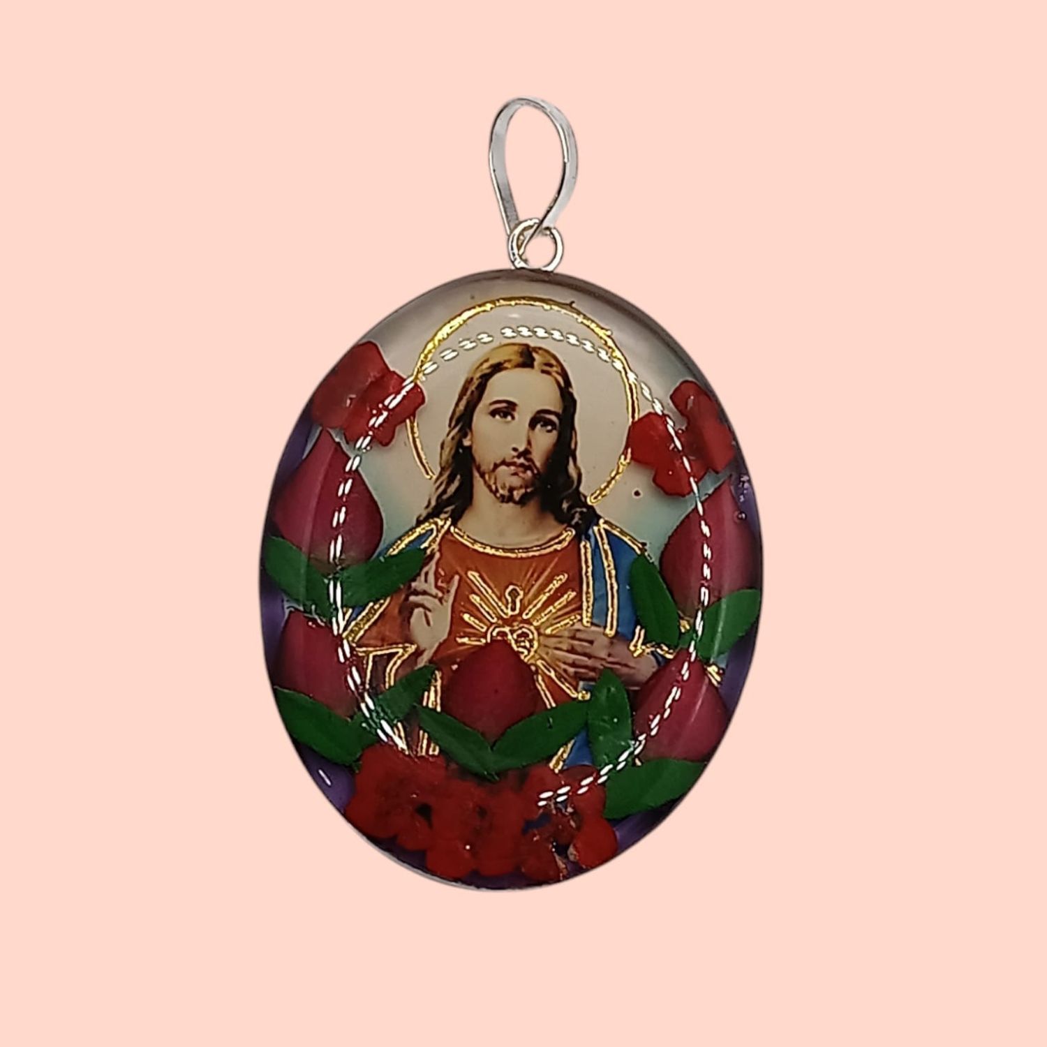 MEDALLON SAGRADO CORAZON 4 CM NATURALEZA MUERTA PLATA .925