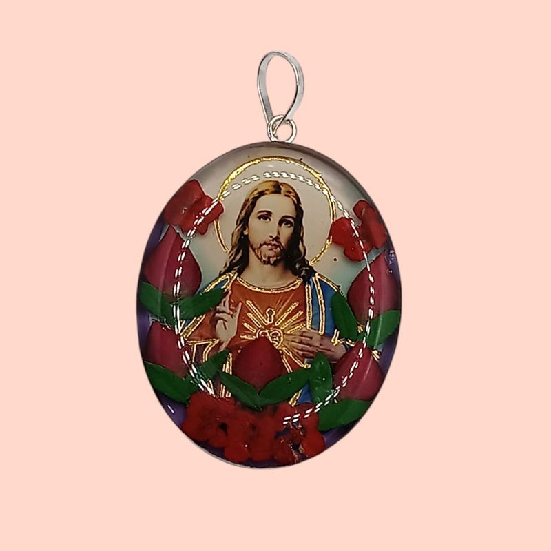 MEDALLON SAGRADO CORAZON 4 CM NATURALEZA MUERTA PLATA .925