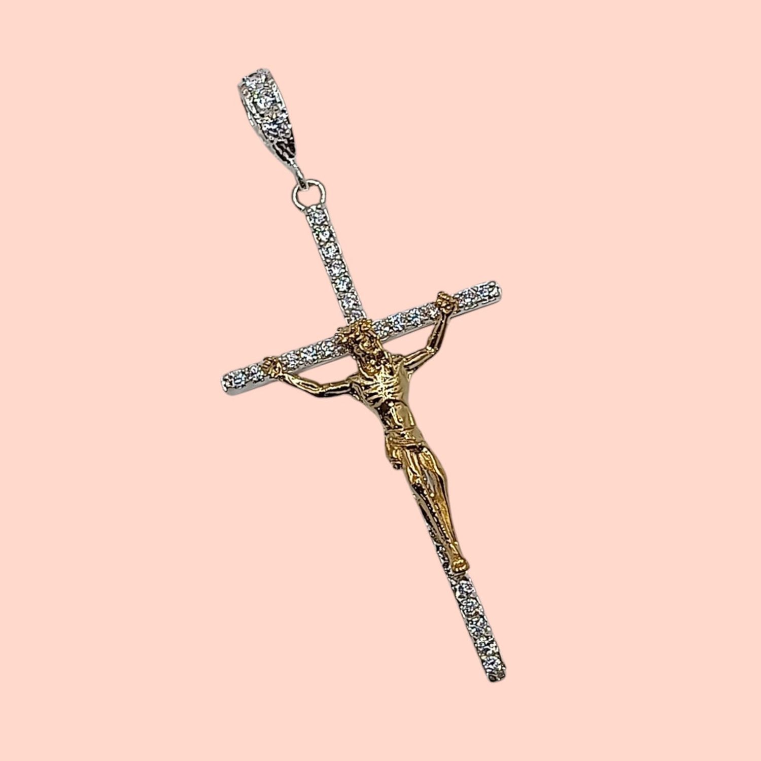 DIJE CRUZ CON CZ Y CRISTO  CHAPA 6.5 CM LARGO TOTAL  PLATA .925