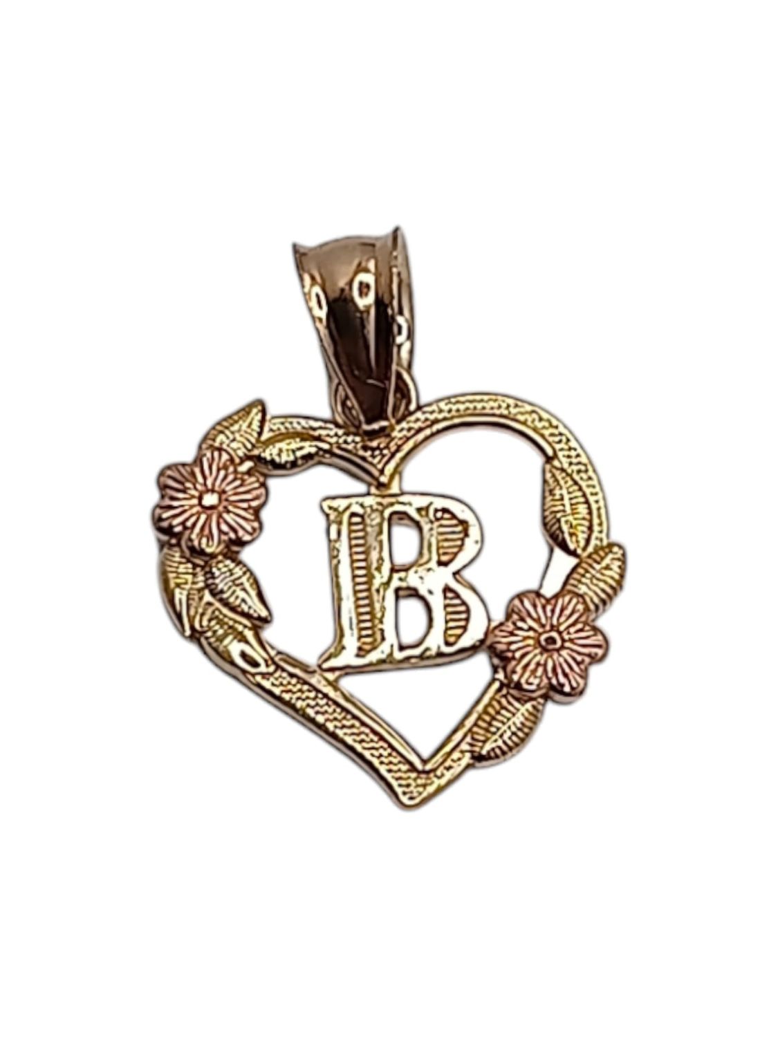 DIJE CORAZON LETRA B, 2 CM LARGO TOTAL ORO 14K