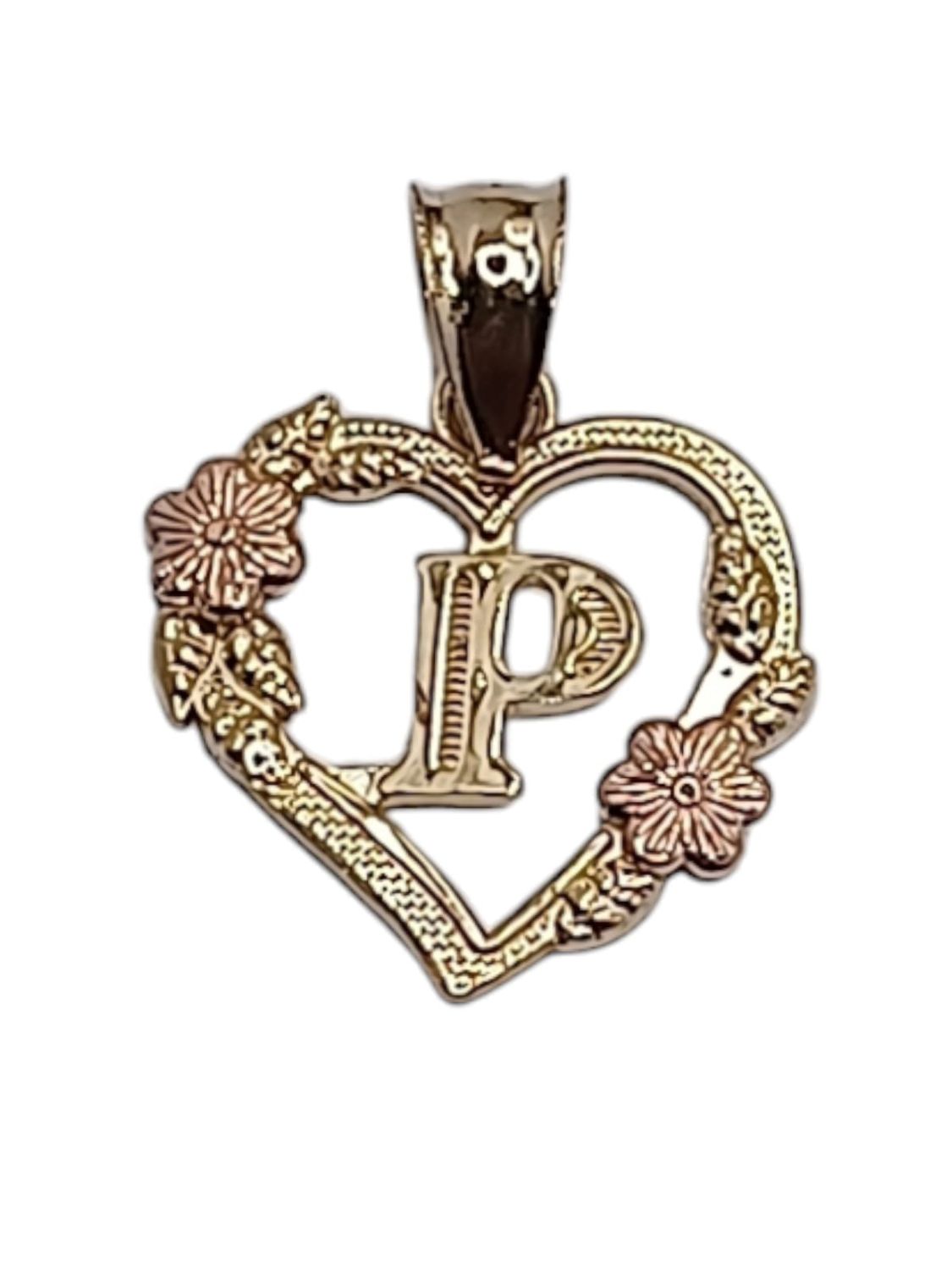 DIJE CORAZON CON LETRA P 2 CM LARGO TOTAL ORO 14K