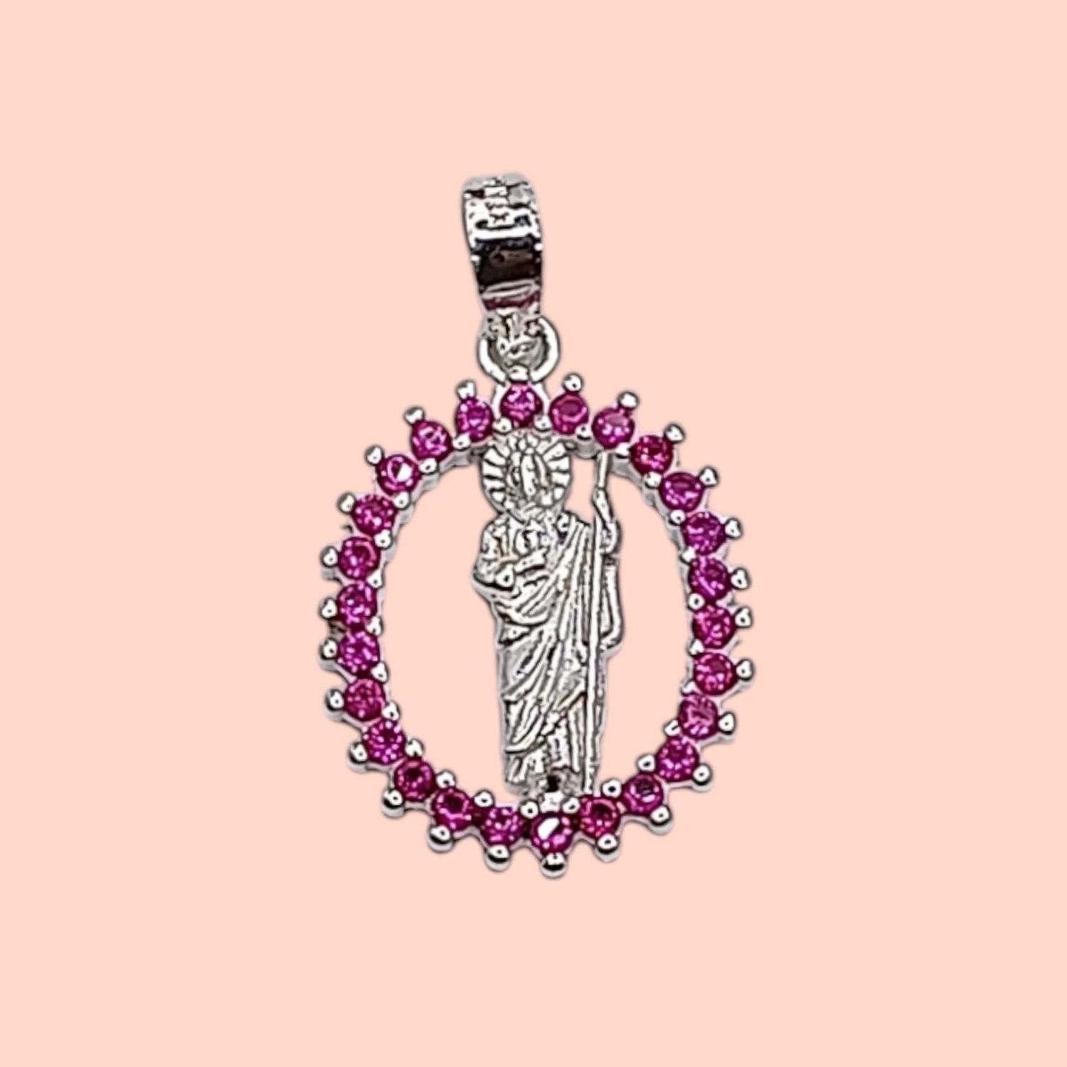 DIJE DE SAN JUDAS  CON CZ ROSA 2.5CM PLATA .925