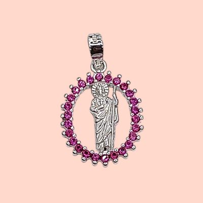 DIJE DE SAN JUDAS  CON CZ ROSA 2.5CM PLATA .925