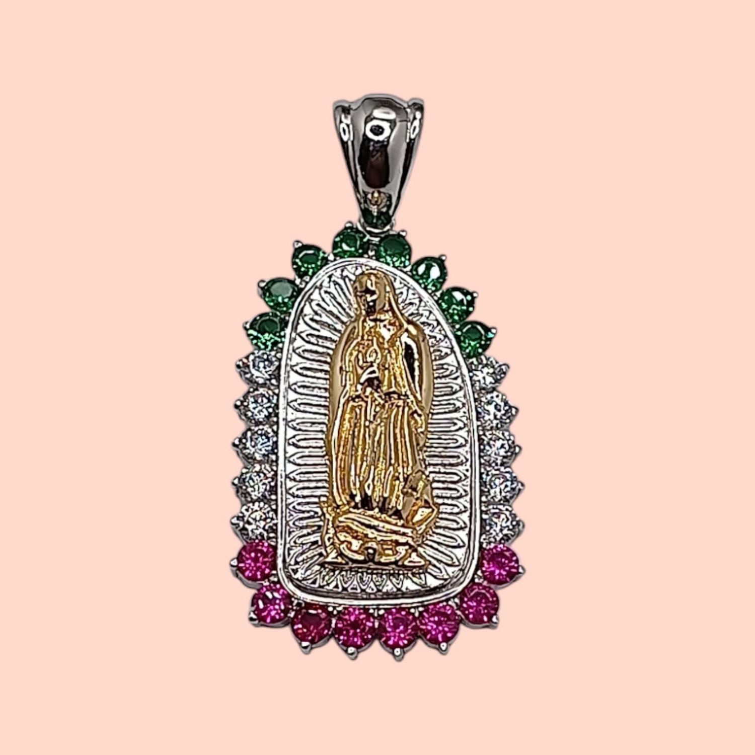 Medalla Virgen de Guadalupe Tricolor con dorado 1.5&quot; Plata 925