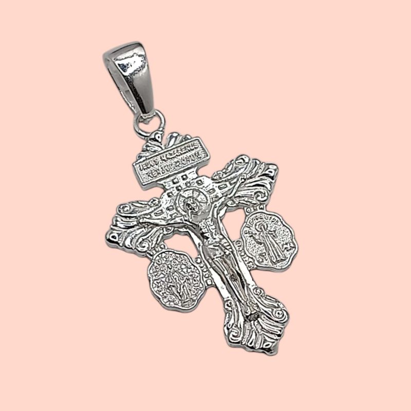 DIJE CRUZ CON MEDALLONES V MILAGROS Y SAN BENITO 5.5cm PLATA .925