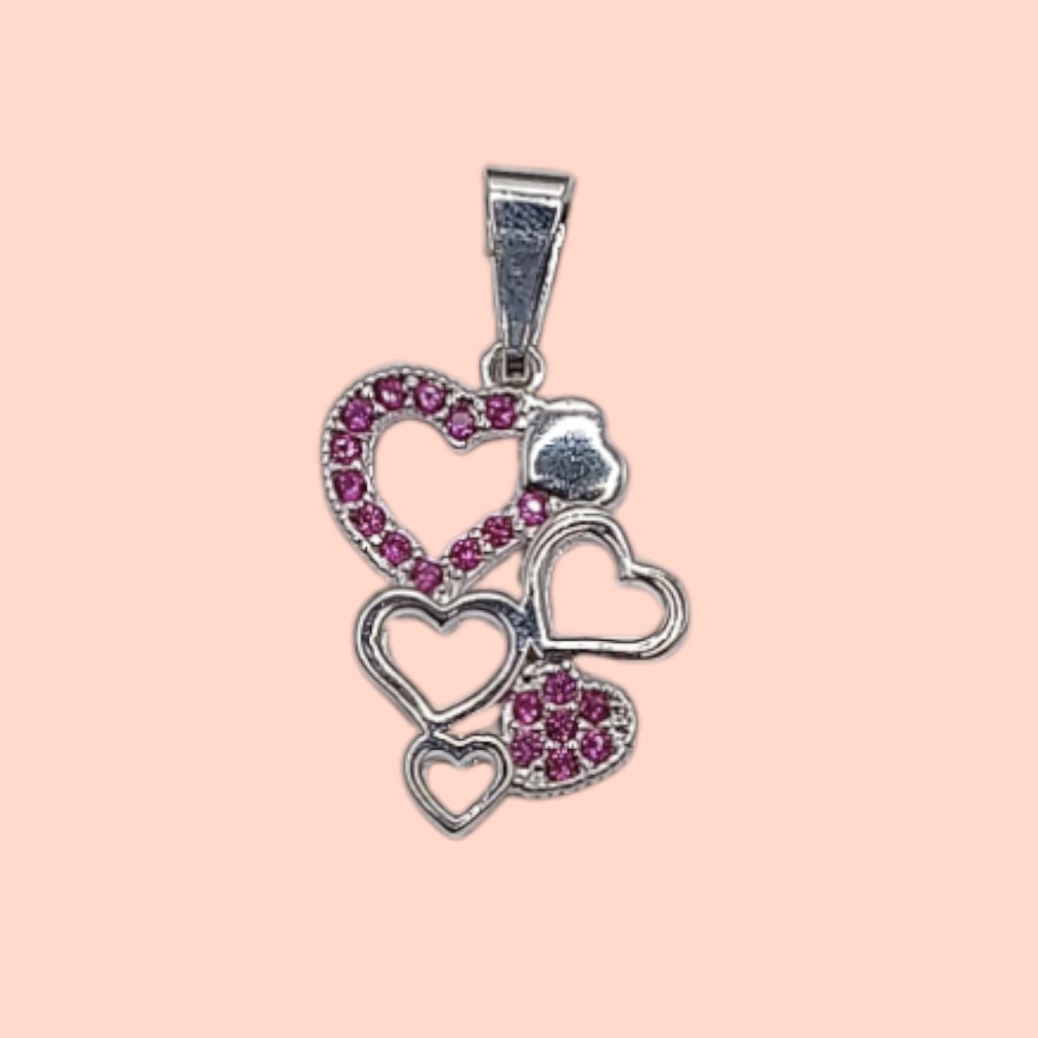 DIJE  CORAZONES 2.8 CM CZ ROSA PLATA .925