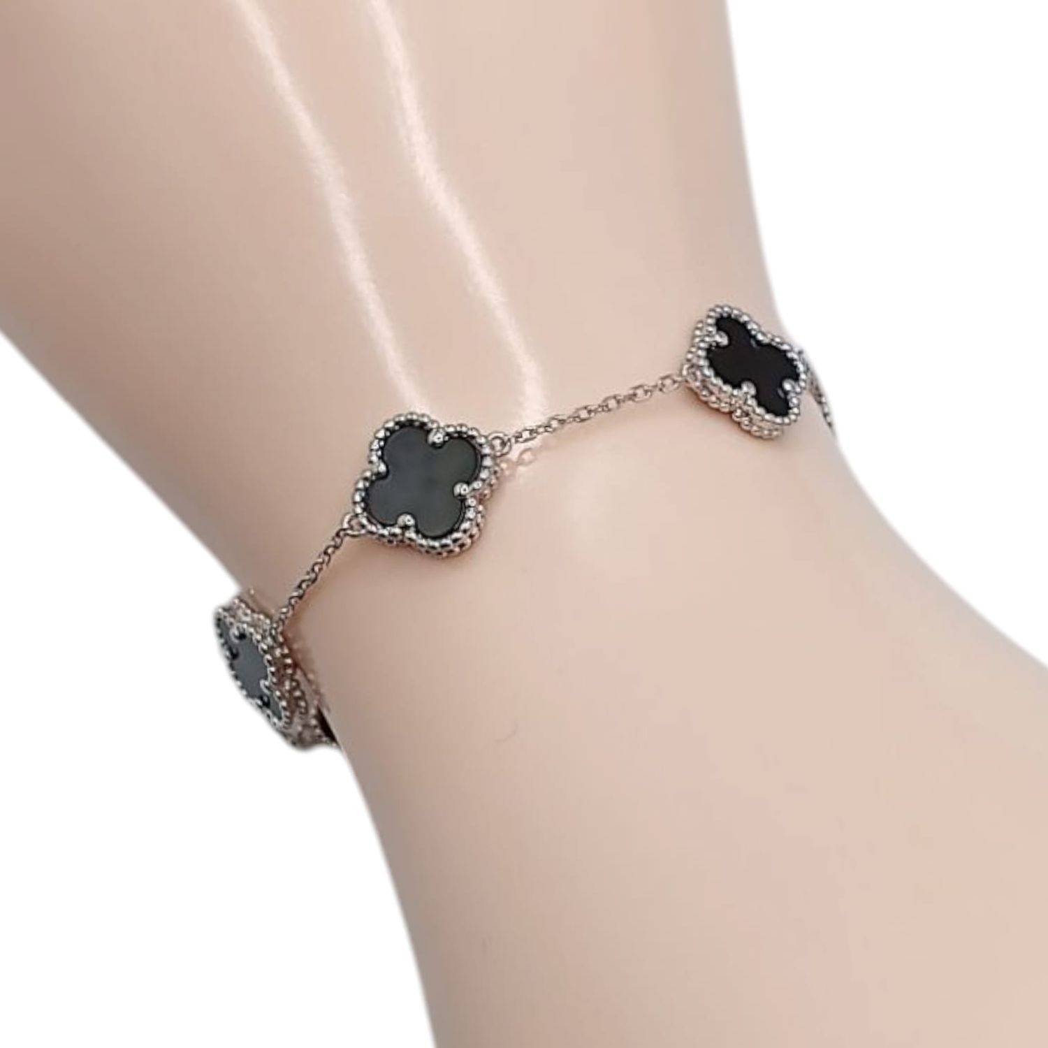 PULSERA TREBOL NEGRA 7&quot; PLATA .925