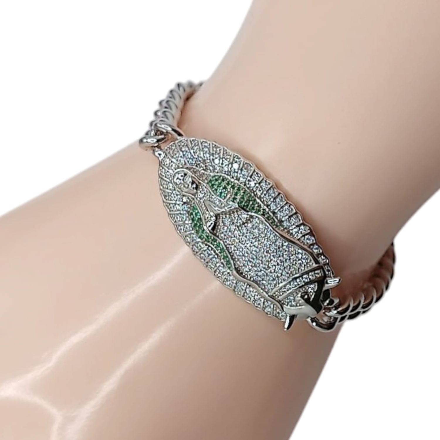 PULÑSERA V DE GPE 7&quot; MANTO VERDE PLATA .925