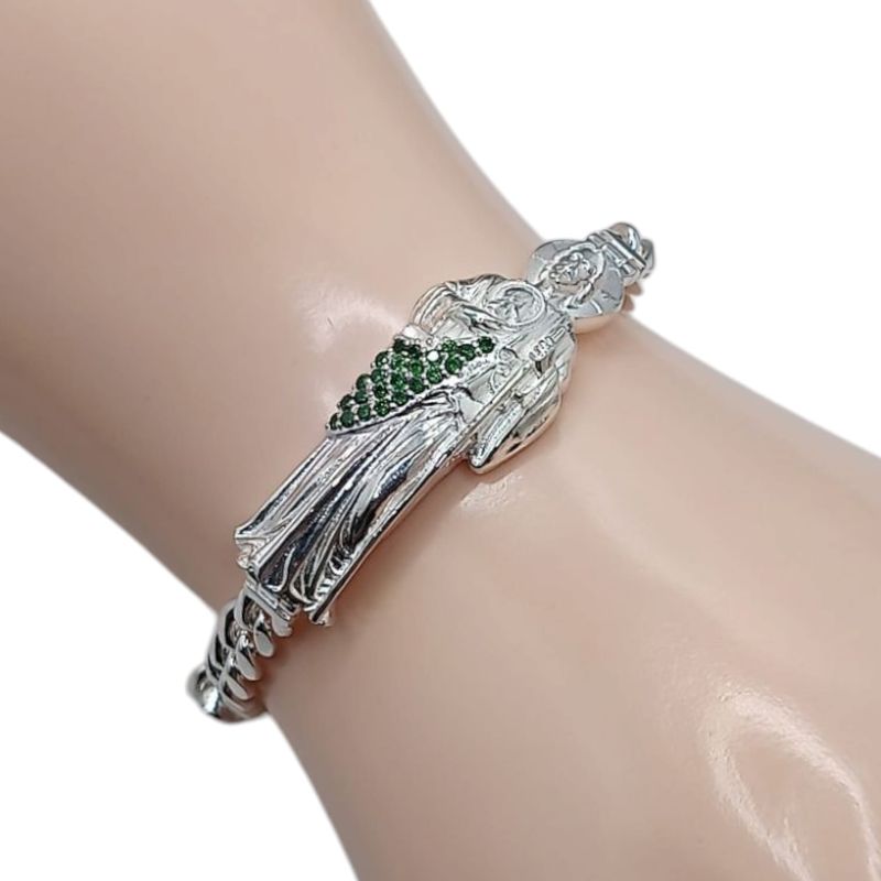 PULSERA CUBANA CON SAN JUDAS T 7&quot;CZ VERDE PLATA .925