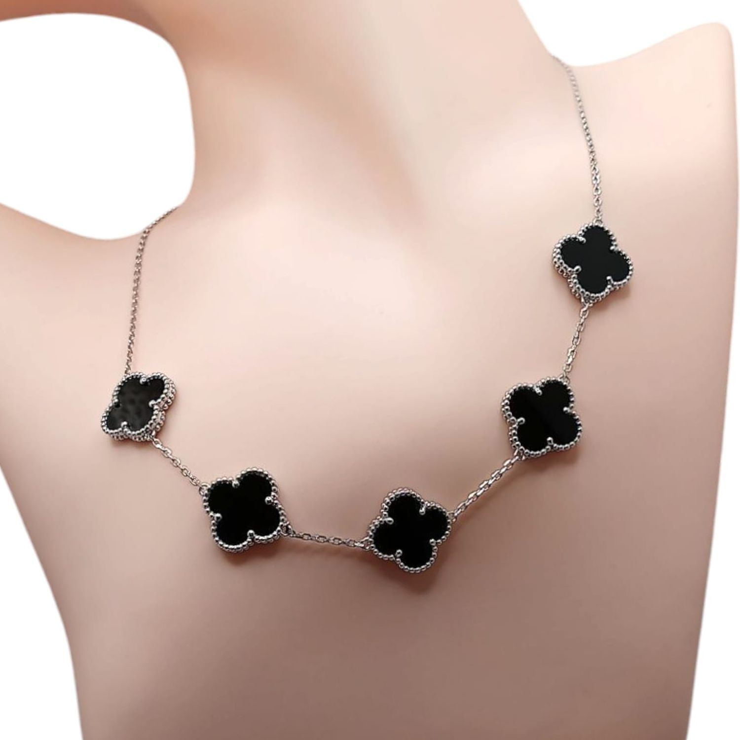 GARGANTILLA TREBOL NEGRO 16&quot; AJUSTABLE PLATA .925