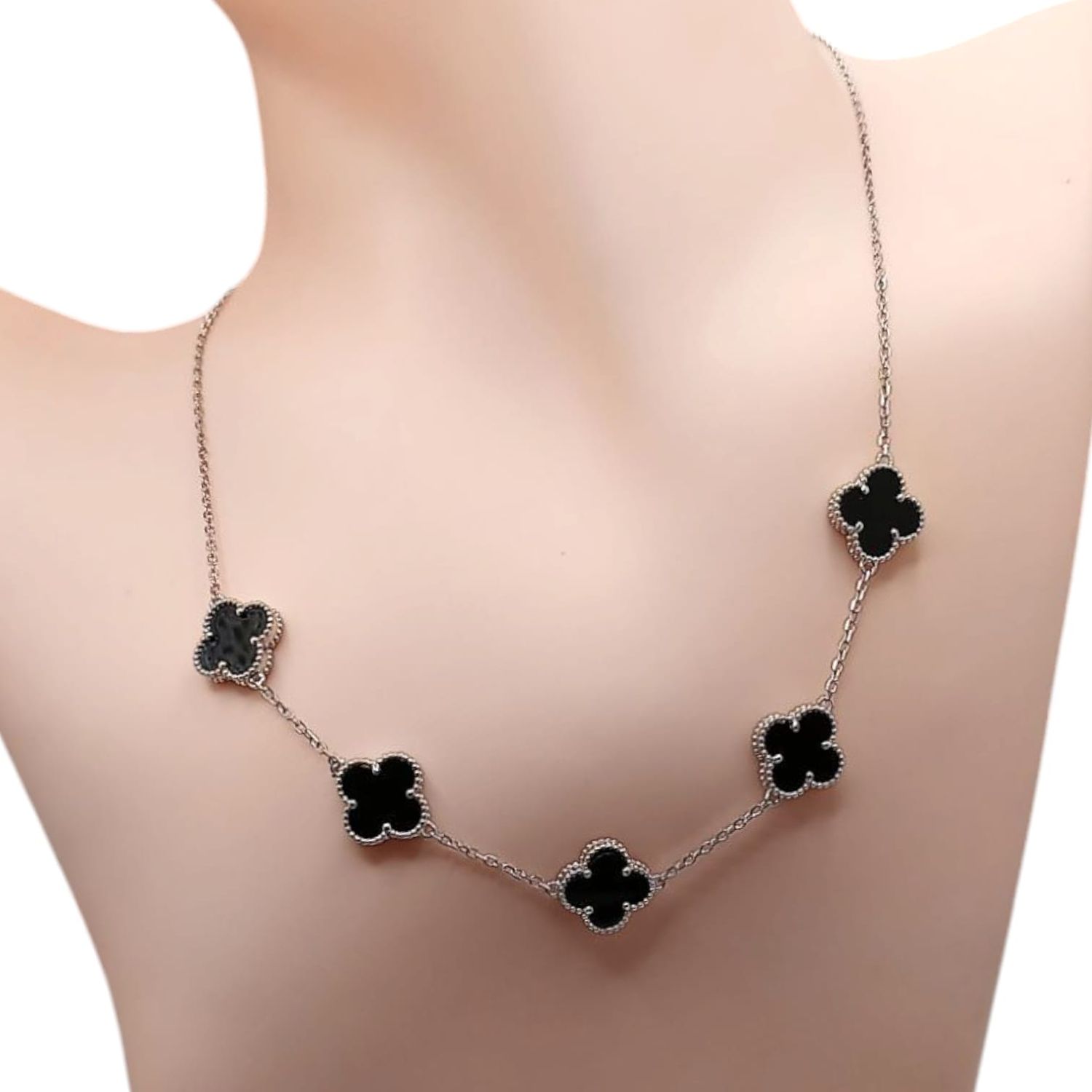 GARGANTILLA  16&quot; AJUSTABLE TREBOL NEGRO PLATA .925