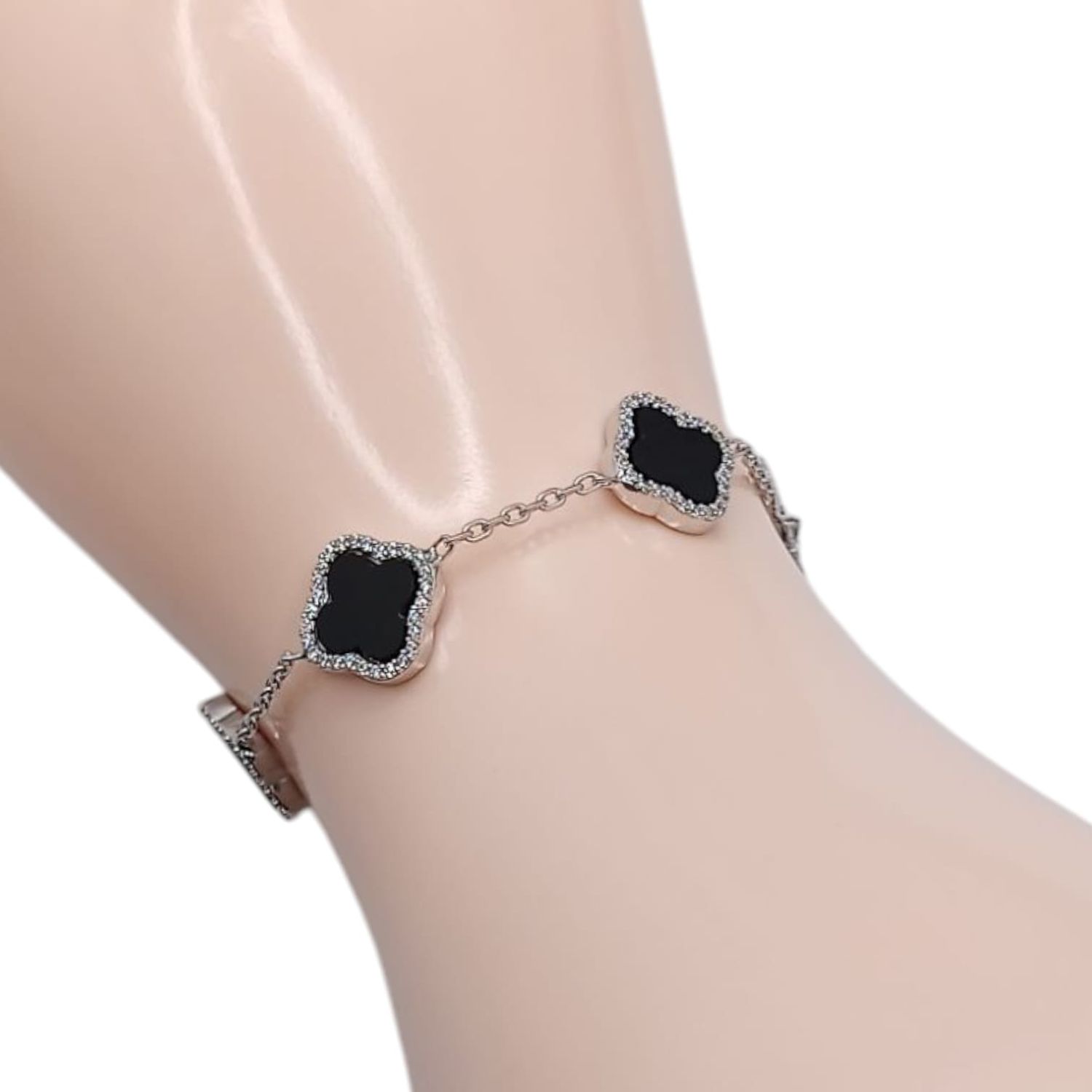PULSERA TREBOL NEGRO AJUSTABLE 7.5&quot; A 8.5&quot; PLATA .925