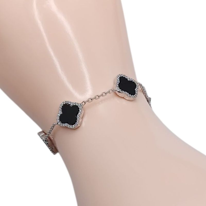 PULSERA TREBOL NEGRO AJUSTABLE 7.5&quot; A 8.5&quot; PLATA .925