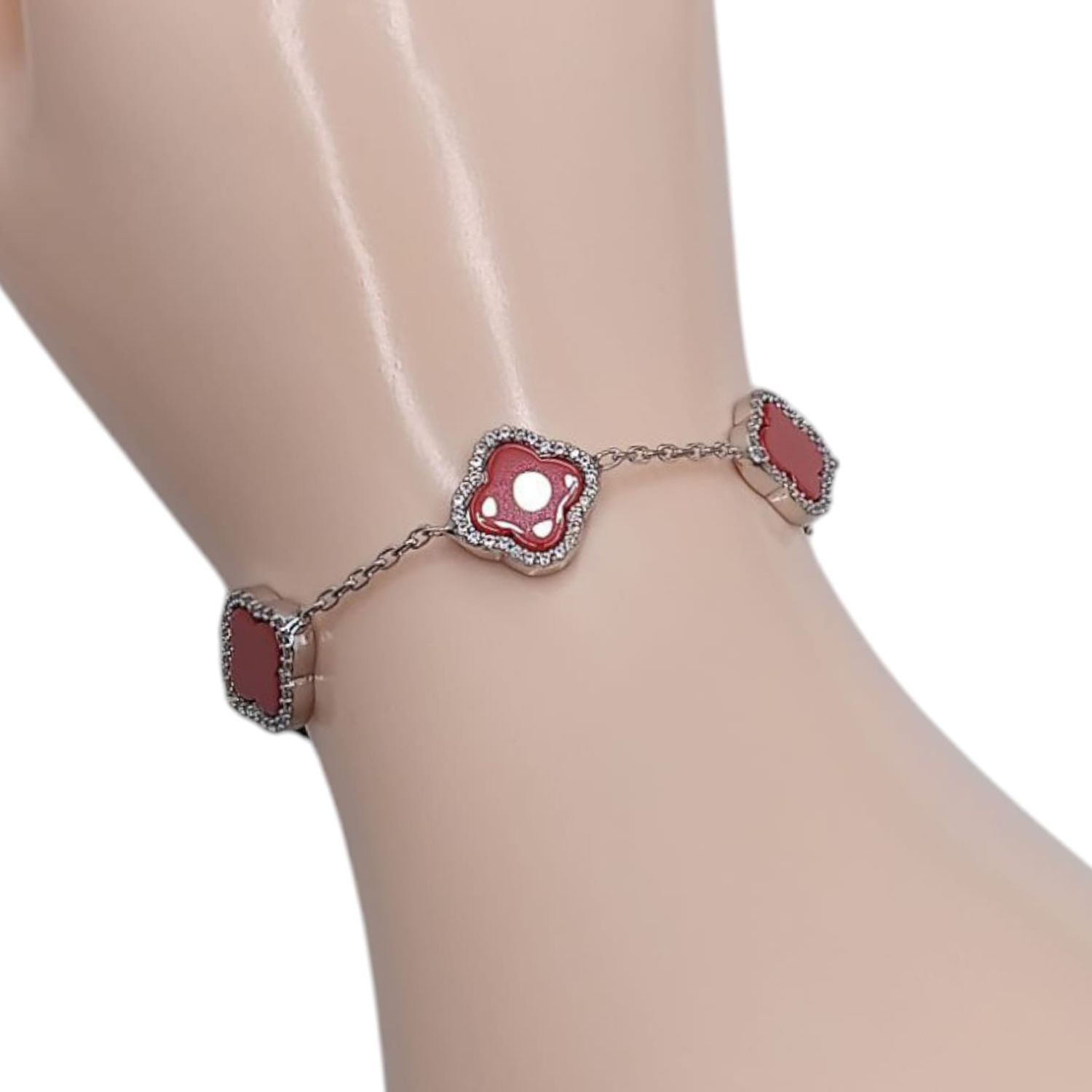 PULSERA TREBOL ROJA  7.5&quot; A 8.5&quot; AJUSTABLE PLATA .925