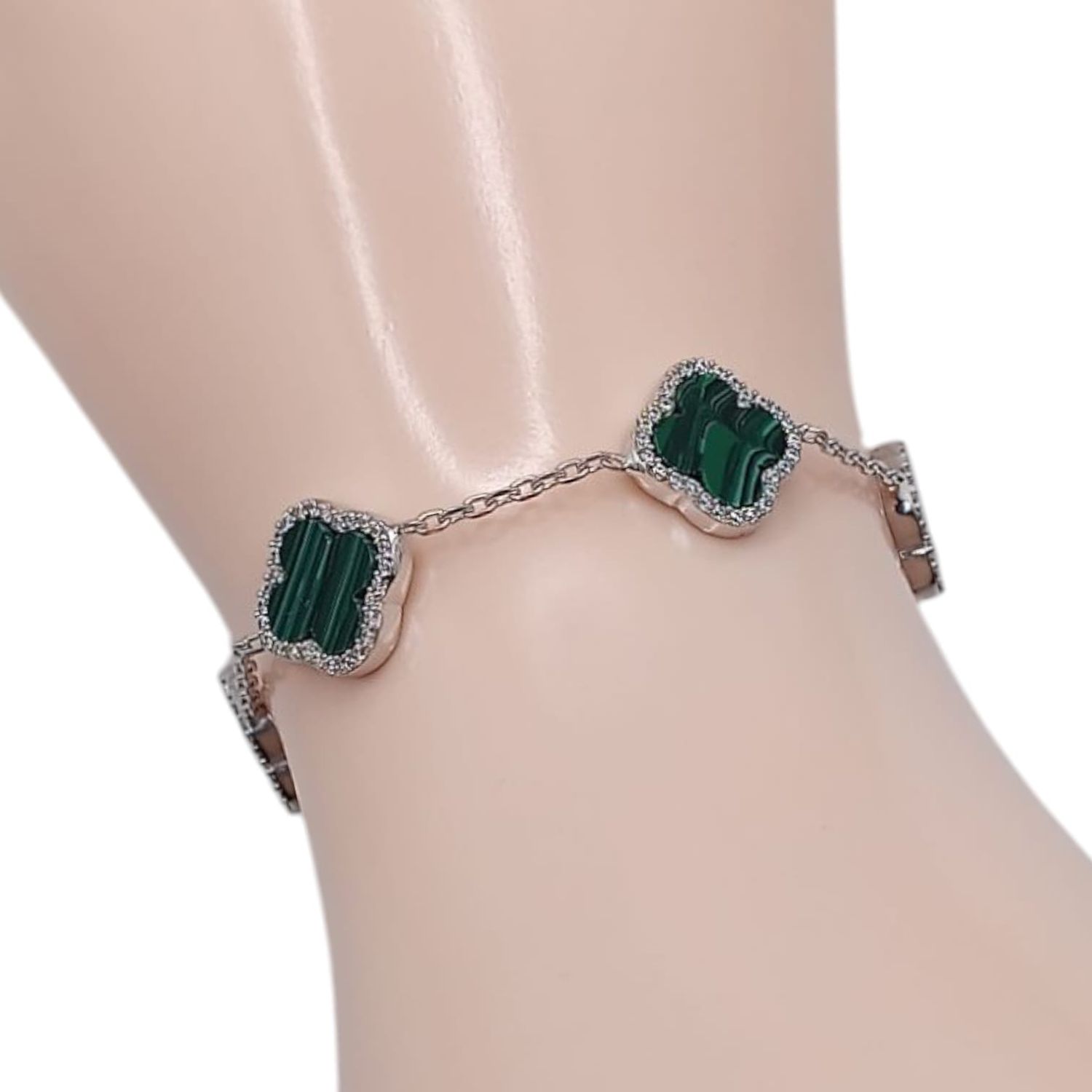 PULSERA TREBOL VERDE 7.5&quot; A 8.5&quot; AJUSTABLE PLATA .925